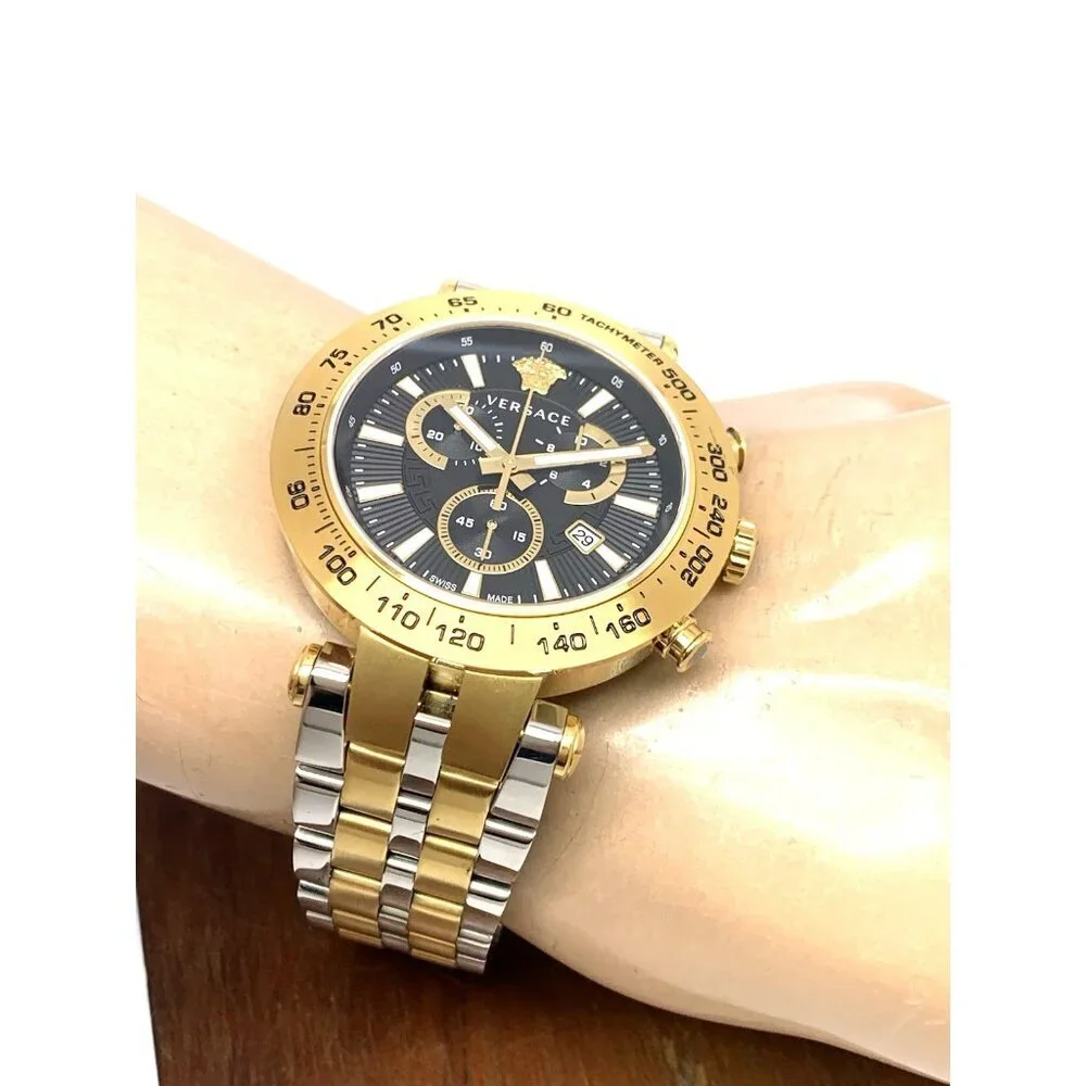 Versace Men's Watch VEJB00622 Swiss Quartz Chronograph Black Dial Two Tone Steel